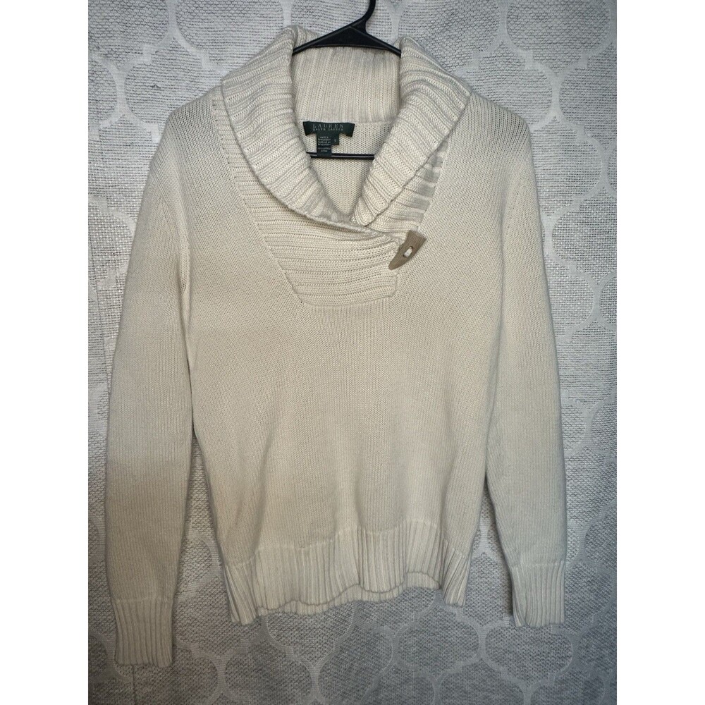 Lauren Ralph Lauren Womens Knit Shawl Collar Toggle Pullover Sweater Cream Small
